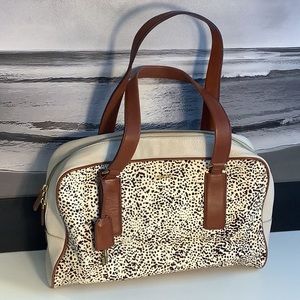 Fossil Ivory Camel Leather Black Spotted Calf Hair Satchel Handbag